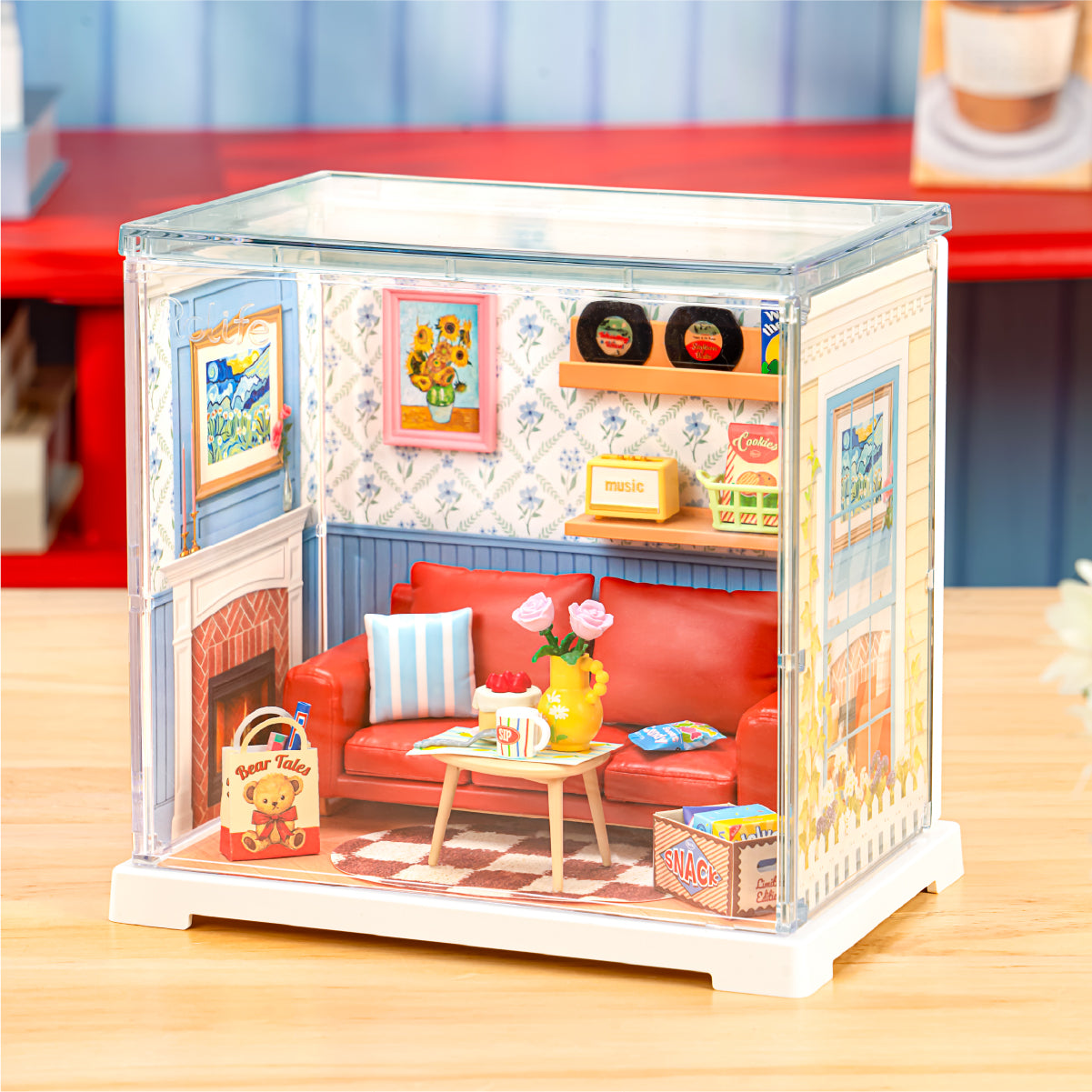 Rolife Country Blue Lounge DWS05B miniature room in a home scene with dust cover