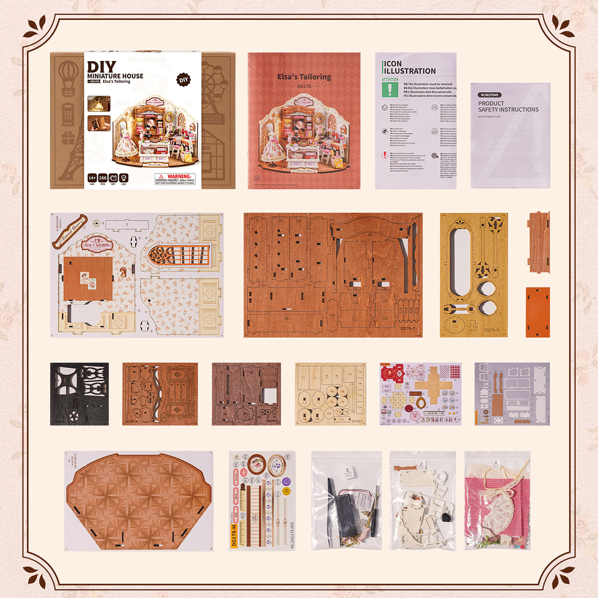 Elsa's Tailoring DG178 materials and parts detail board for the miniature house kit