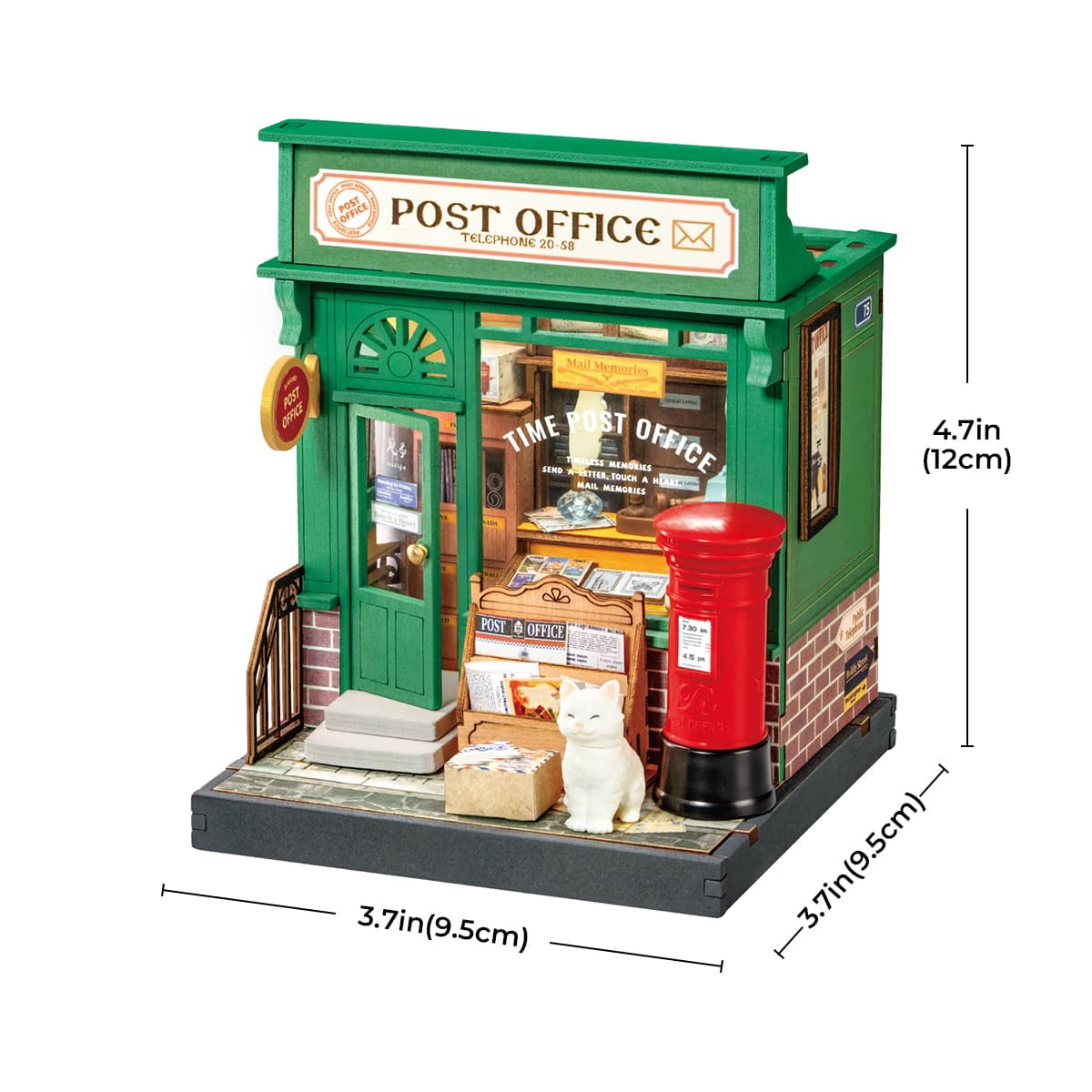 Rolife DIY Miniature House - Century Post Office DS037 size graphic with 3.7 x 3.7 x 4.7 in dimensions shown