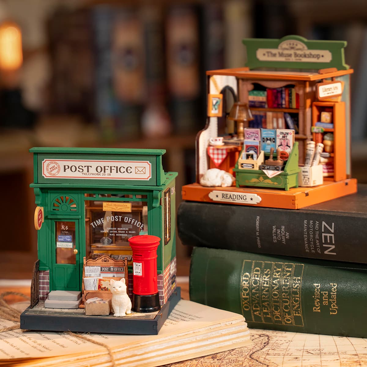 Rolife DIY Miniature House - Century Post Office DS037 table display scene with another miniature house