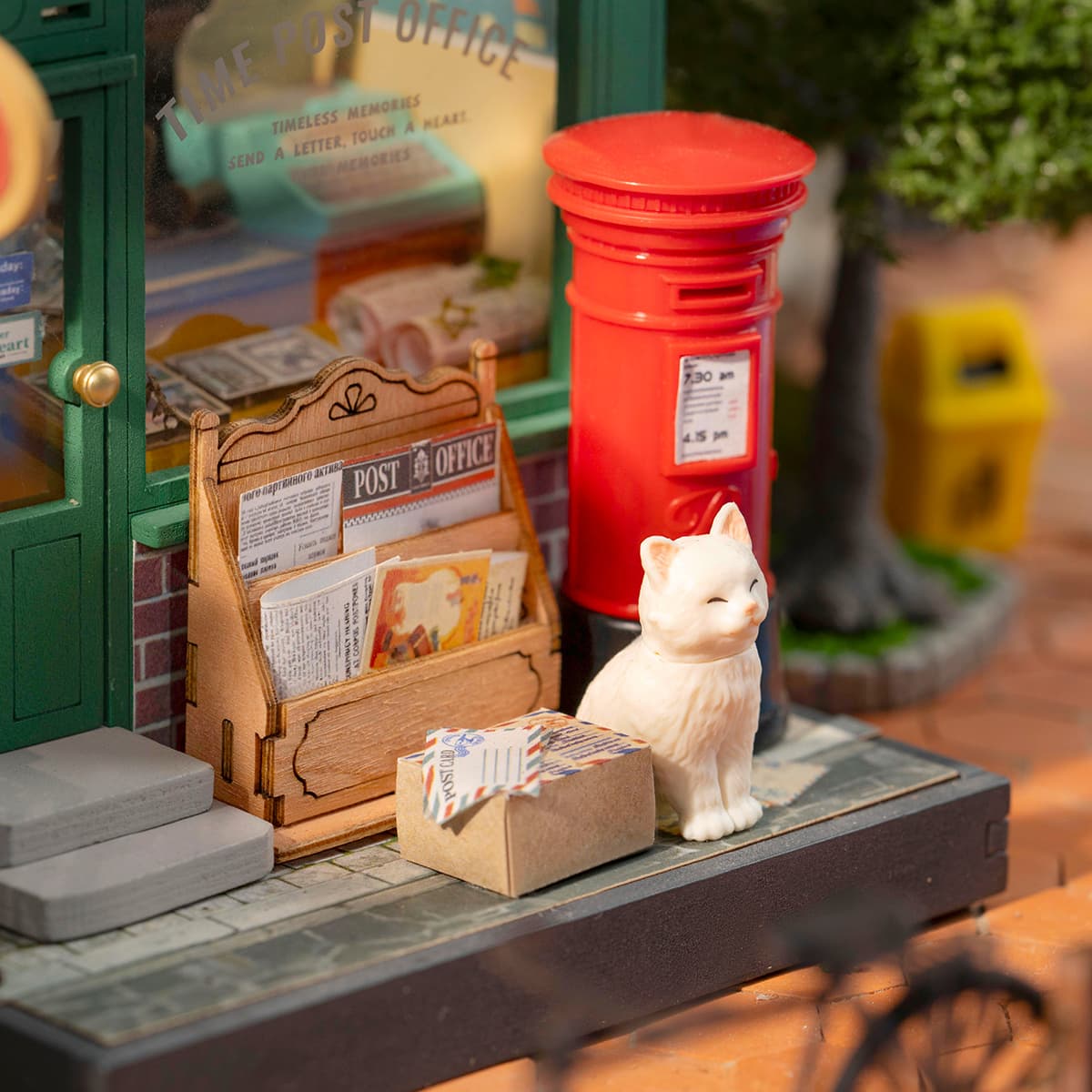 Rolife DIY Miniature House - Century Post Office DS037 parcel and mailbox detail close-up