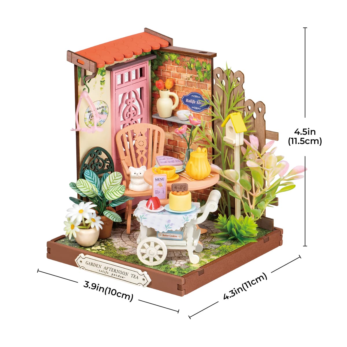 Rolife DIY Miniature House - Fancy Tea Yard DS038 size graphic with dimensions shown