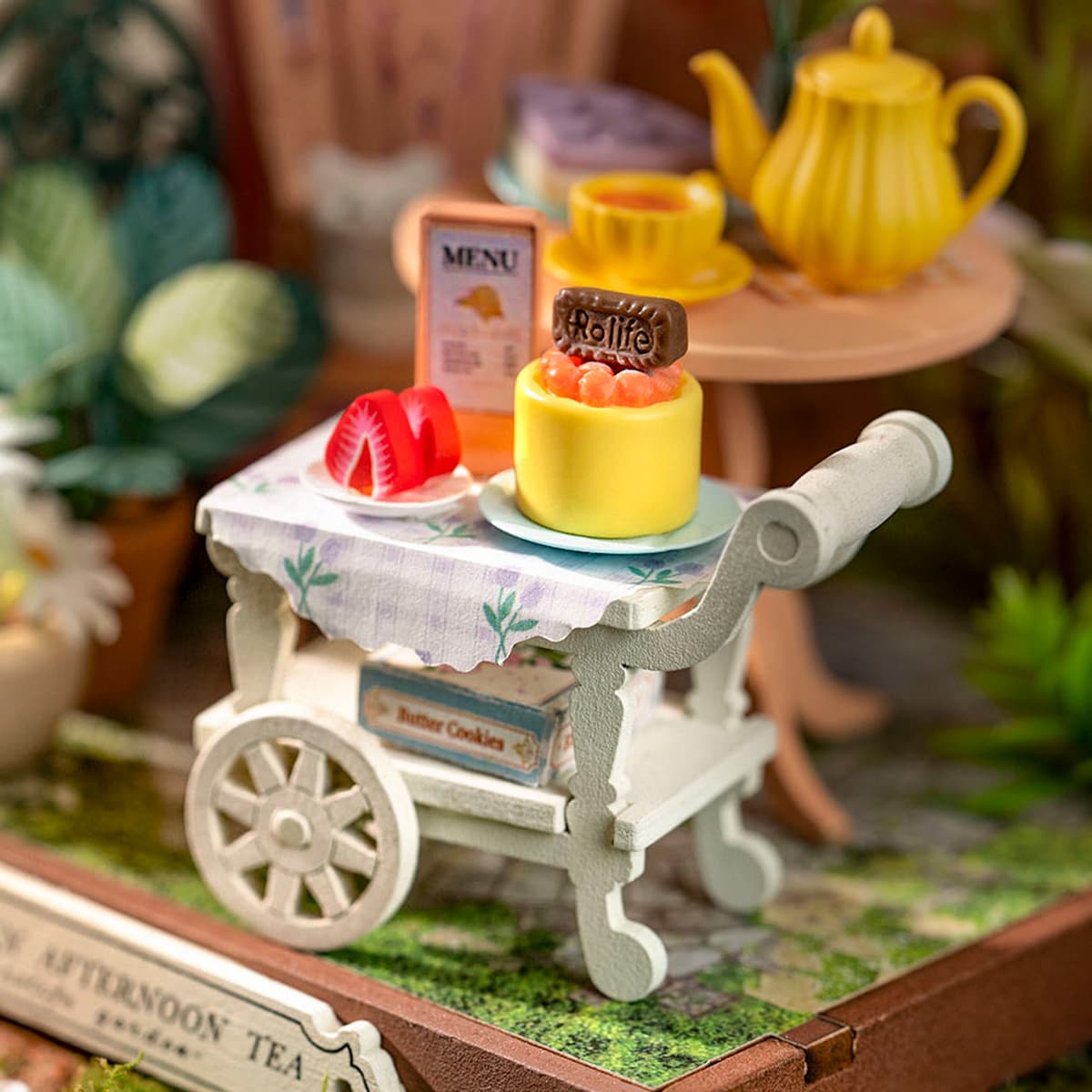 Rolife DIY Miniature House - Fancy Tea Yard DS038 dessert cart detail close-up