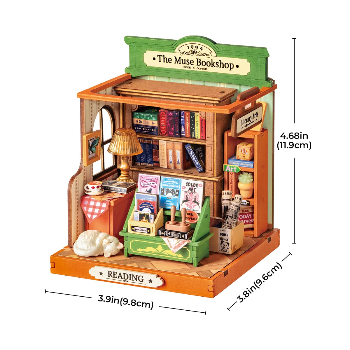 Rolife DIY Miniature House - The Muse Bookshop DS040 size graphic with dimensions shown