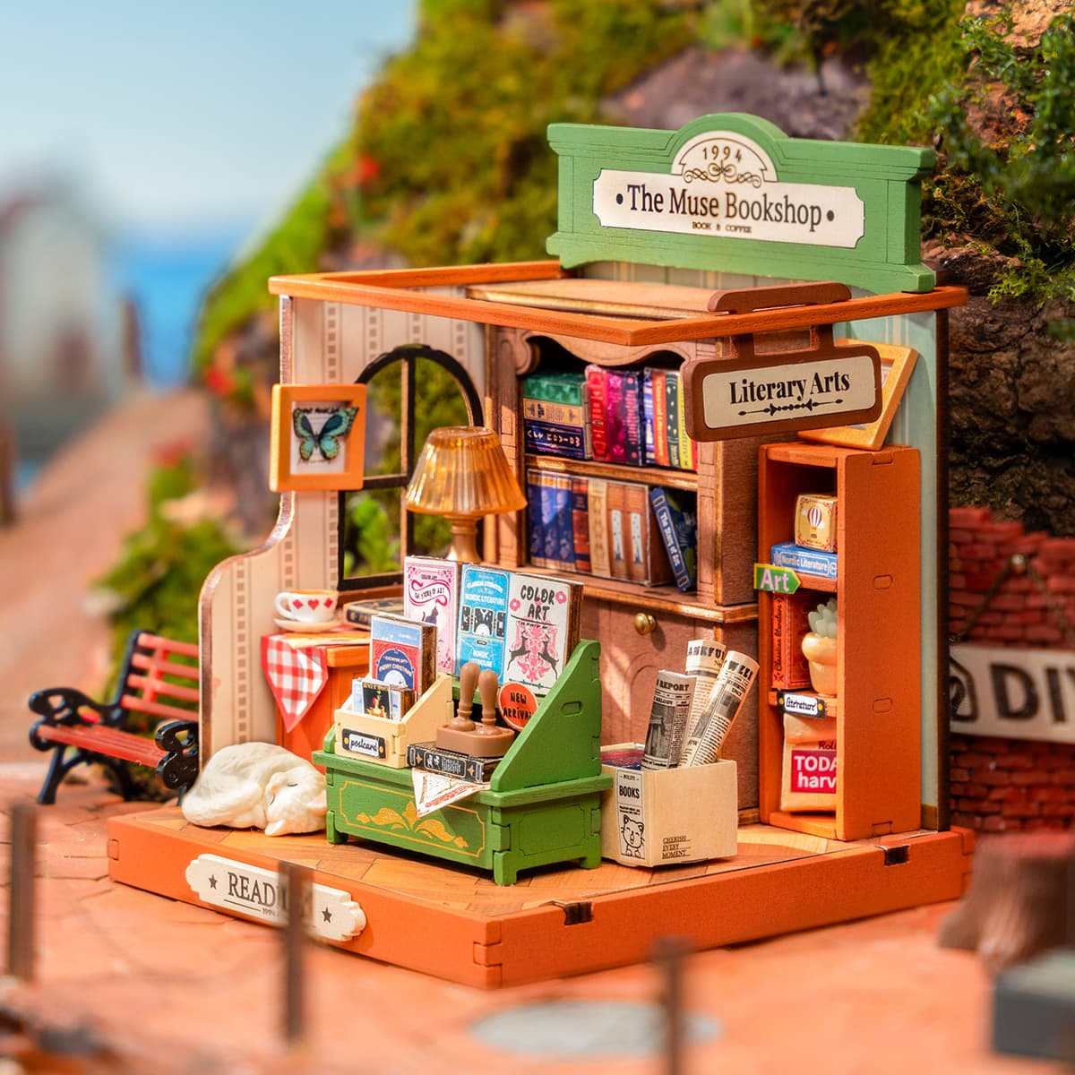 Rolife DIY Miniature House - The Muse Bookshop DS040 tabletop display scene