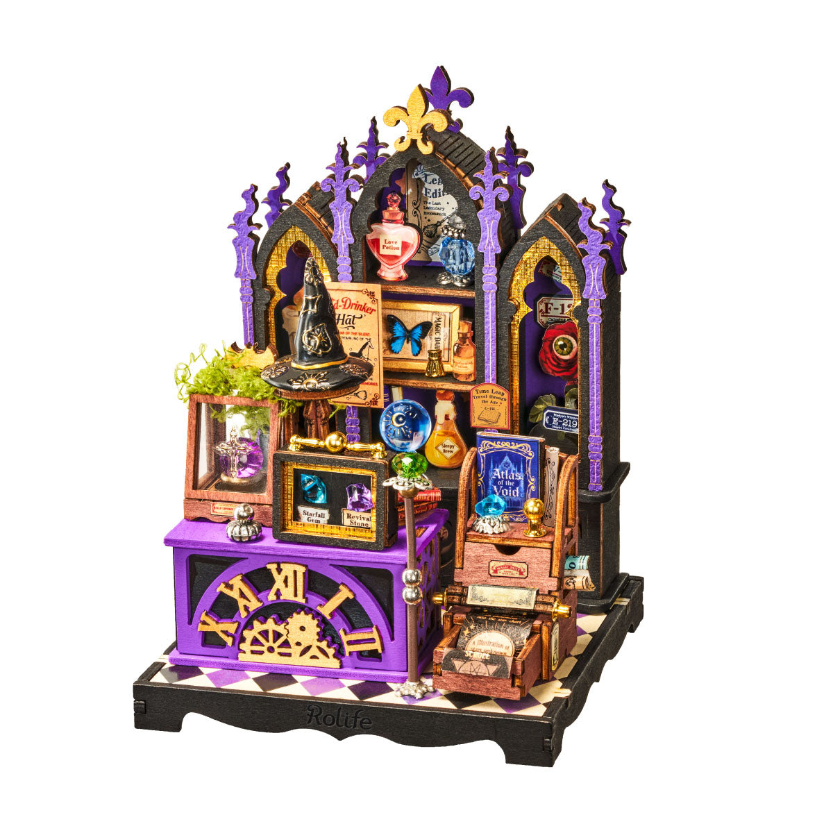 Rolife Curio Corner DS056 white background product image showing a purple gothic miniature shop with crystal ball, wizard hat, potion bottles, books and clock base
