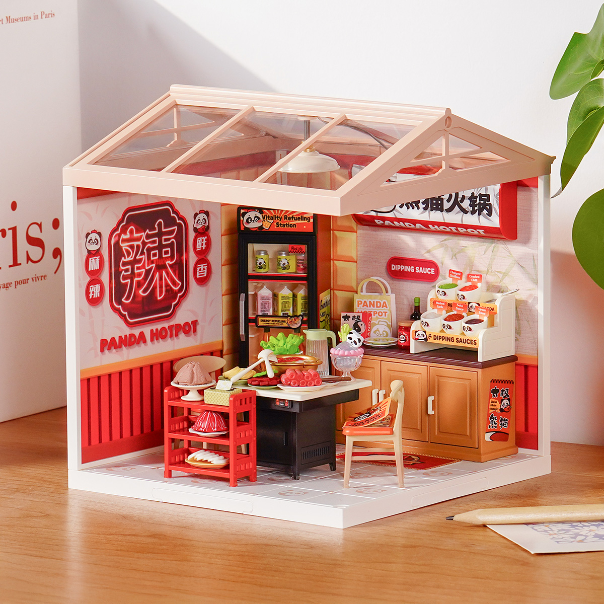 Rolife Panda Hot Pot DW020 miniature room in a tabletop home scene