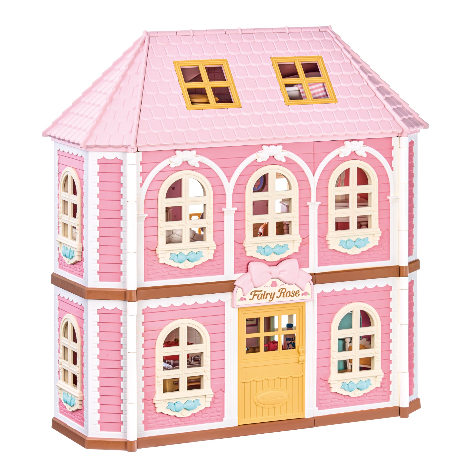 Rolife Fairy Rose Cottage HH001 closed pink dollhouse exterior on a white background.