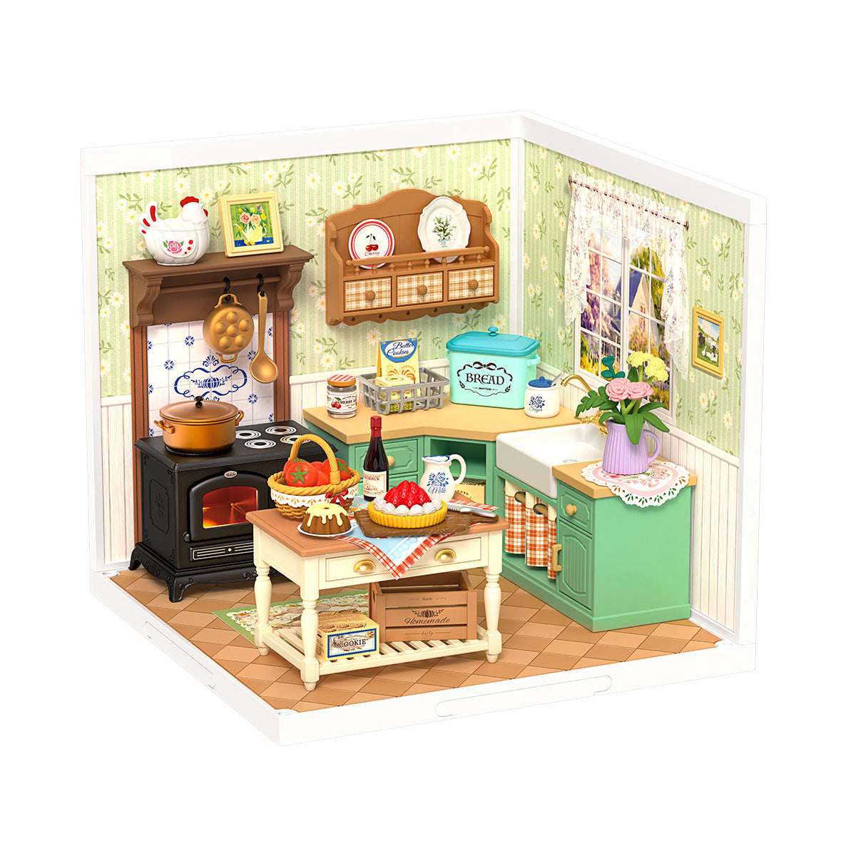 Rolife Farmhouse Kitchen DW024 white background miniature room product view