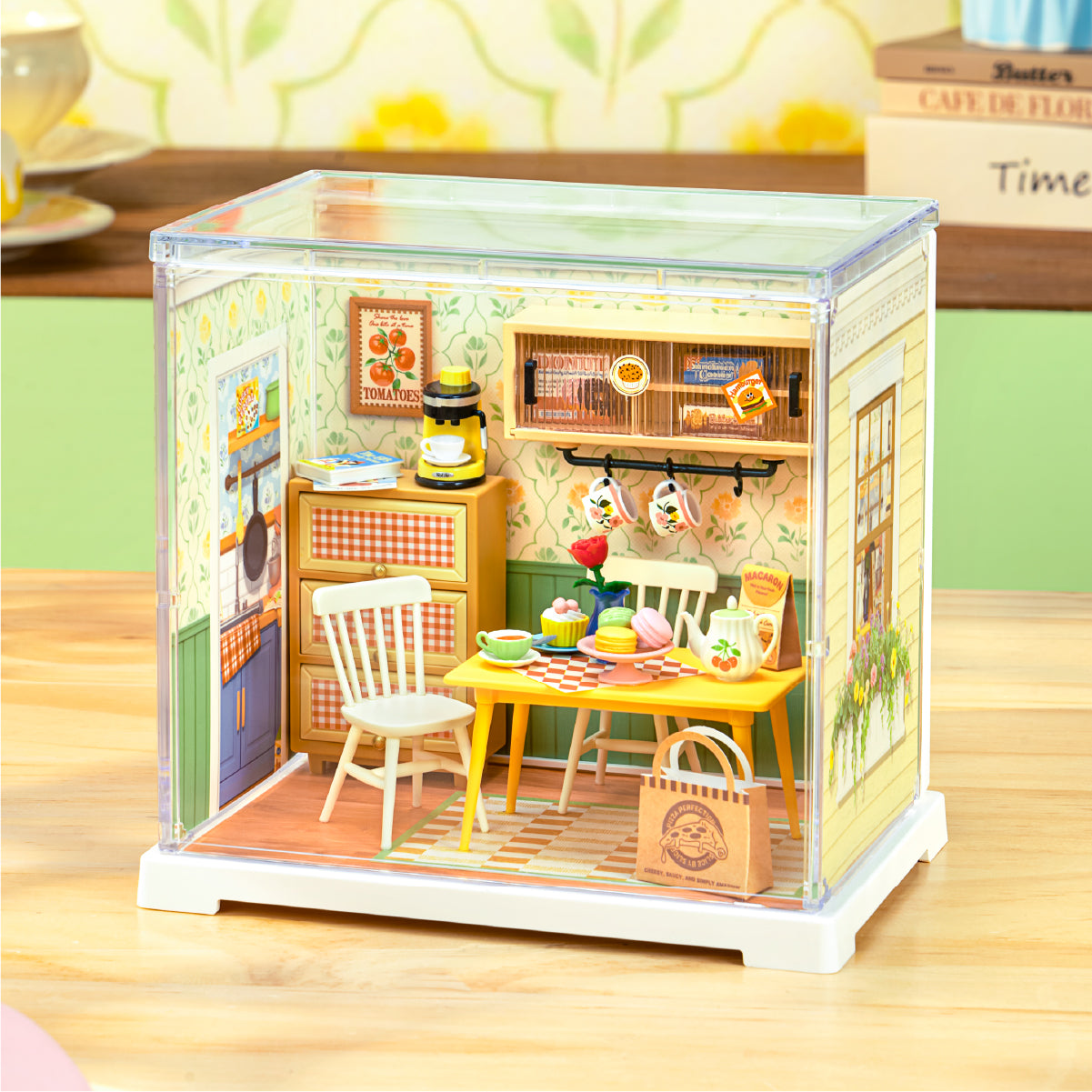Rolife Floral Dining Room DWS06B miniature room in a home scene with dust cover