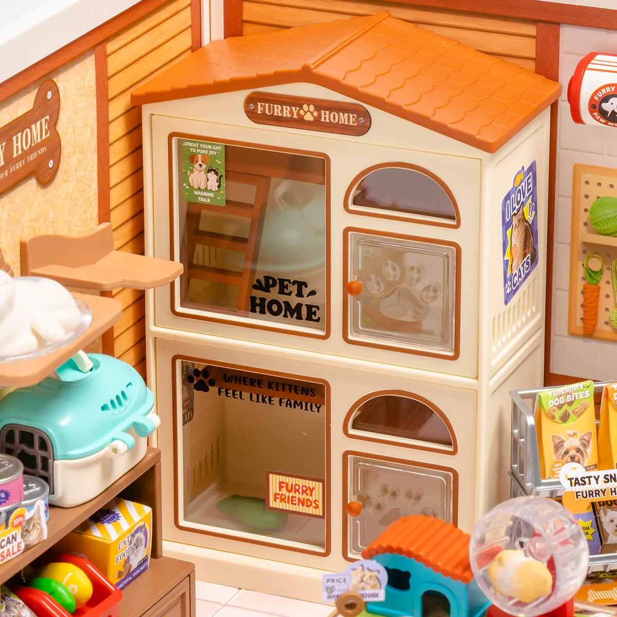 Furry Friends Home DW027 front facade with pet home rooms and play area