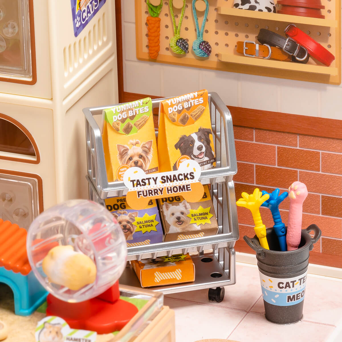 Furry Friends Home DW027 detail view with pet snacks, toys, and grooming accessories