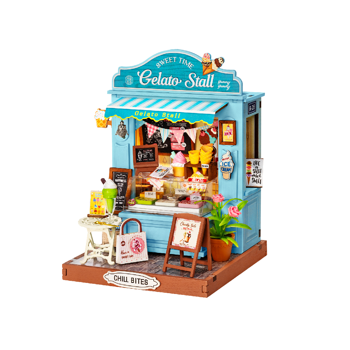 Rolife Gelato Stall Shop DS052 white background product view with blue storefront