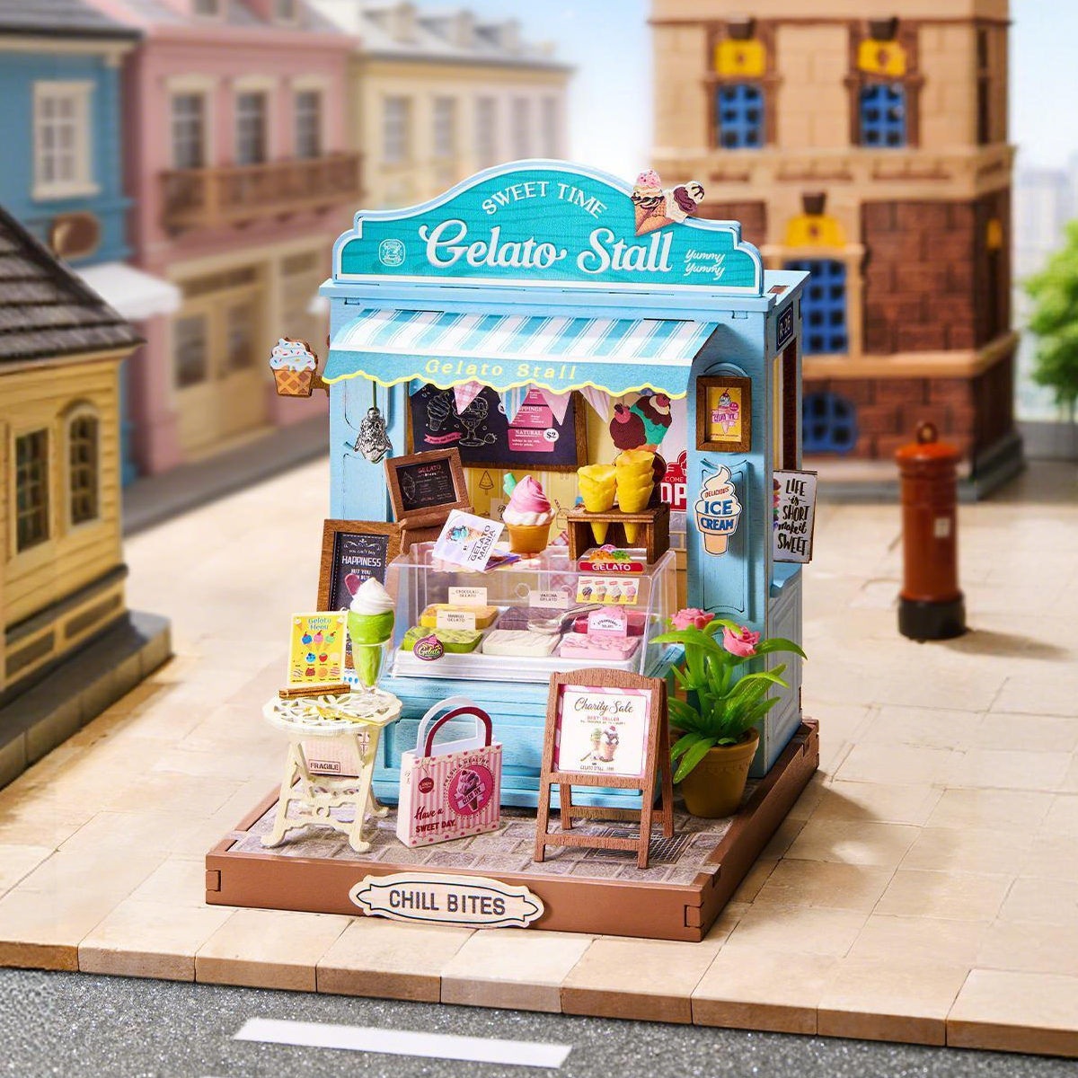 Rolife Gelato Stall Shop miniature dessert stand with pastel awning and counter