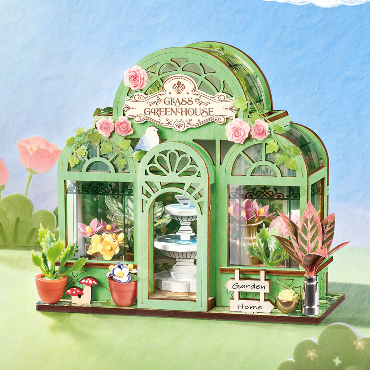 Rolife Green Fountain Garden DS049 miniature greenhouse in a styled garden scene