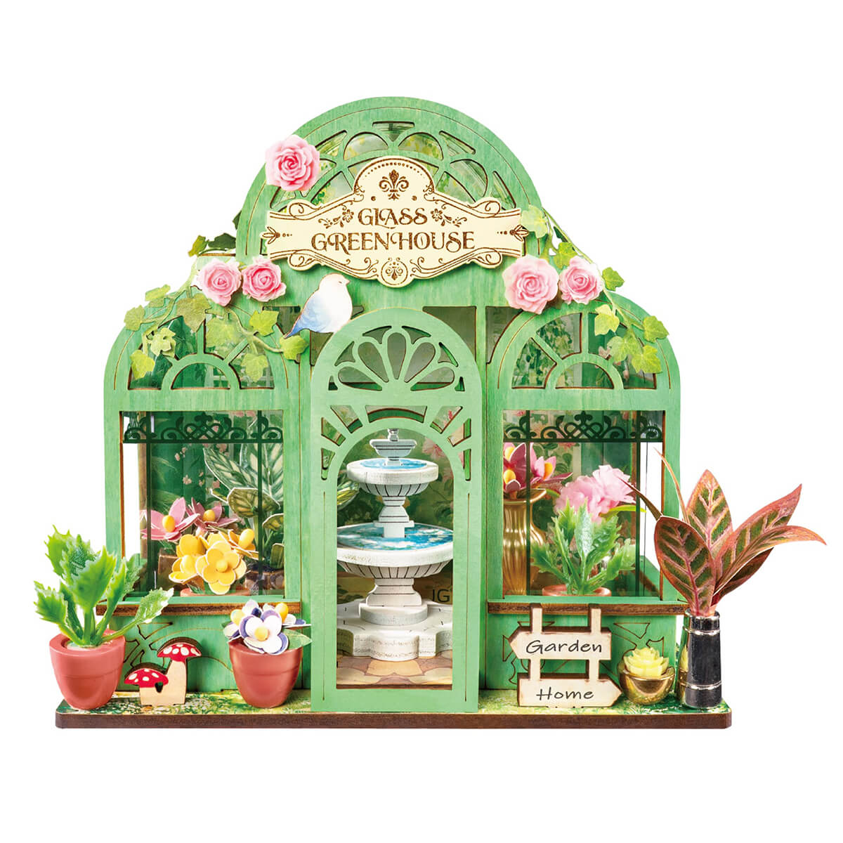 Rolife Green Fountain Garden DS049 white background miniature greenhouse product view