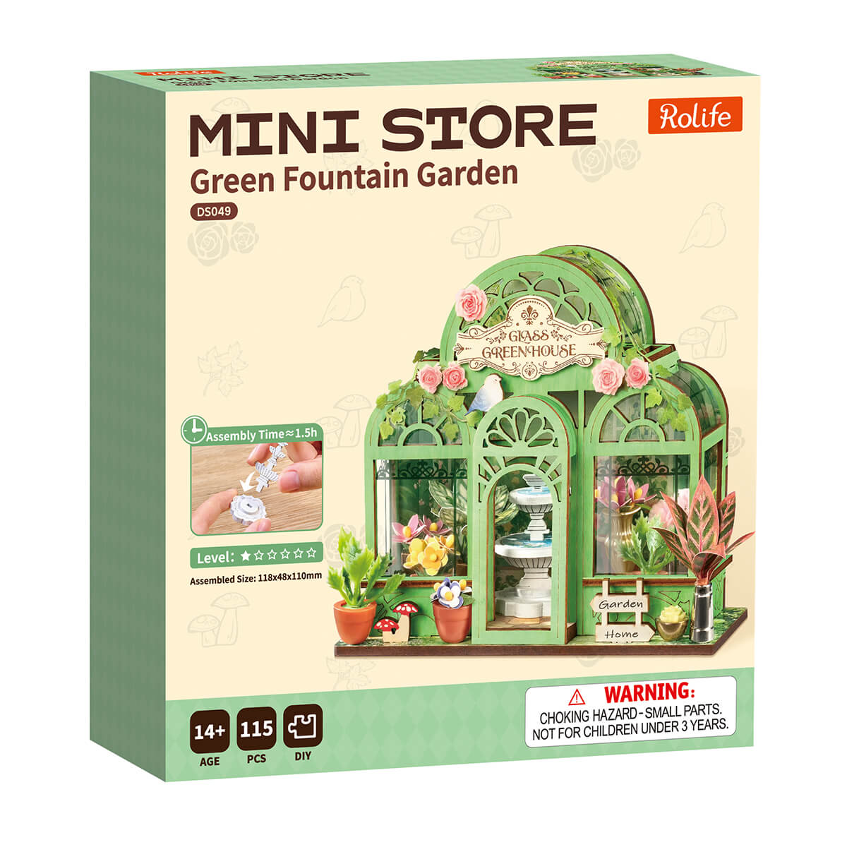 Rolife Green Fountain Garden DS049 product package with completed miniature greenhouse