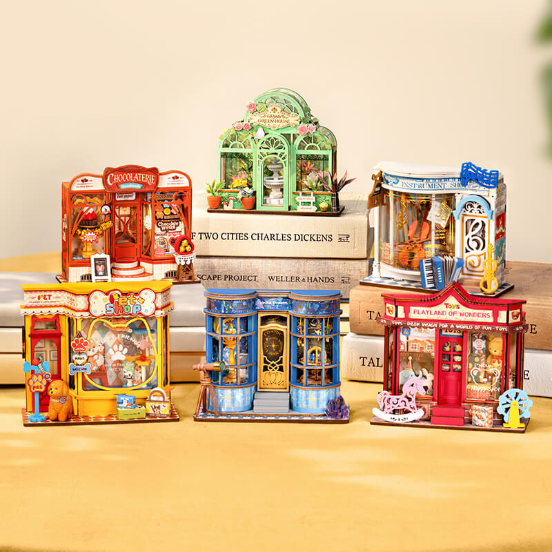 Rolife Mini Stores series collection display with five miniature shop models