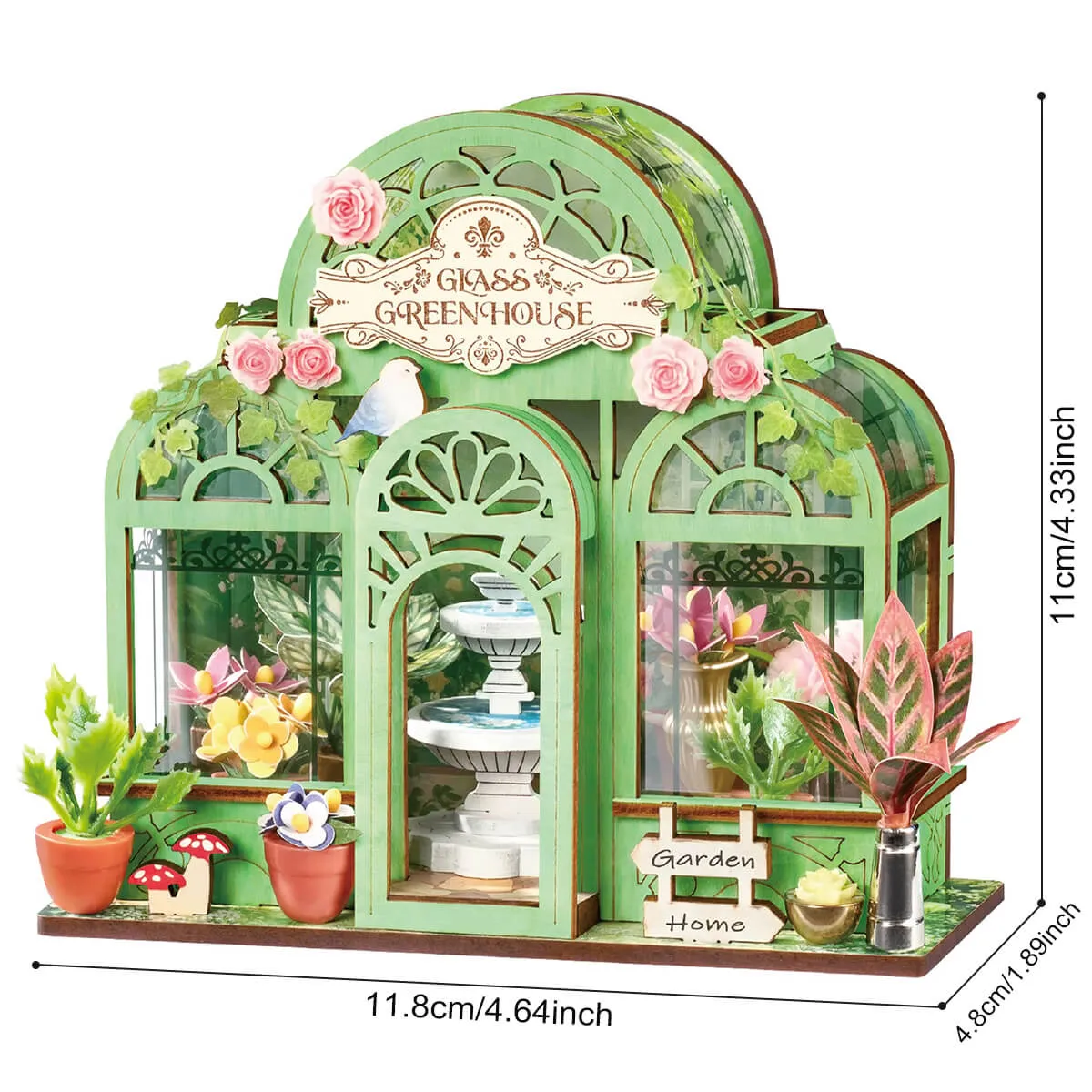 Green Fountain Garden DS049 size graphic, 11.8 x 4.8 x 11 cm finished miniature house