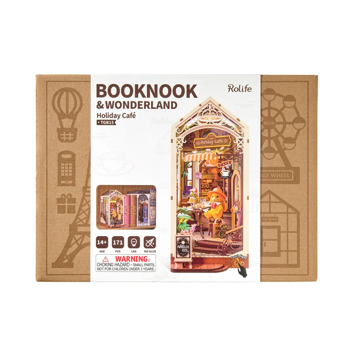 Rolife Holiday Cafe TGB15 product package with completed book nook