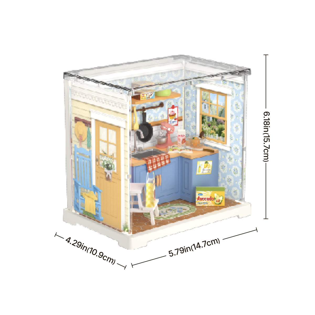 Rolife Homely Baking Kitchen DWS08B product package with completed miniature room