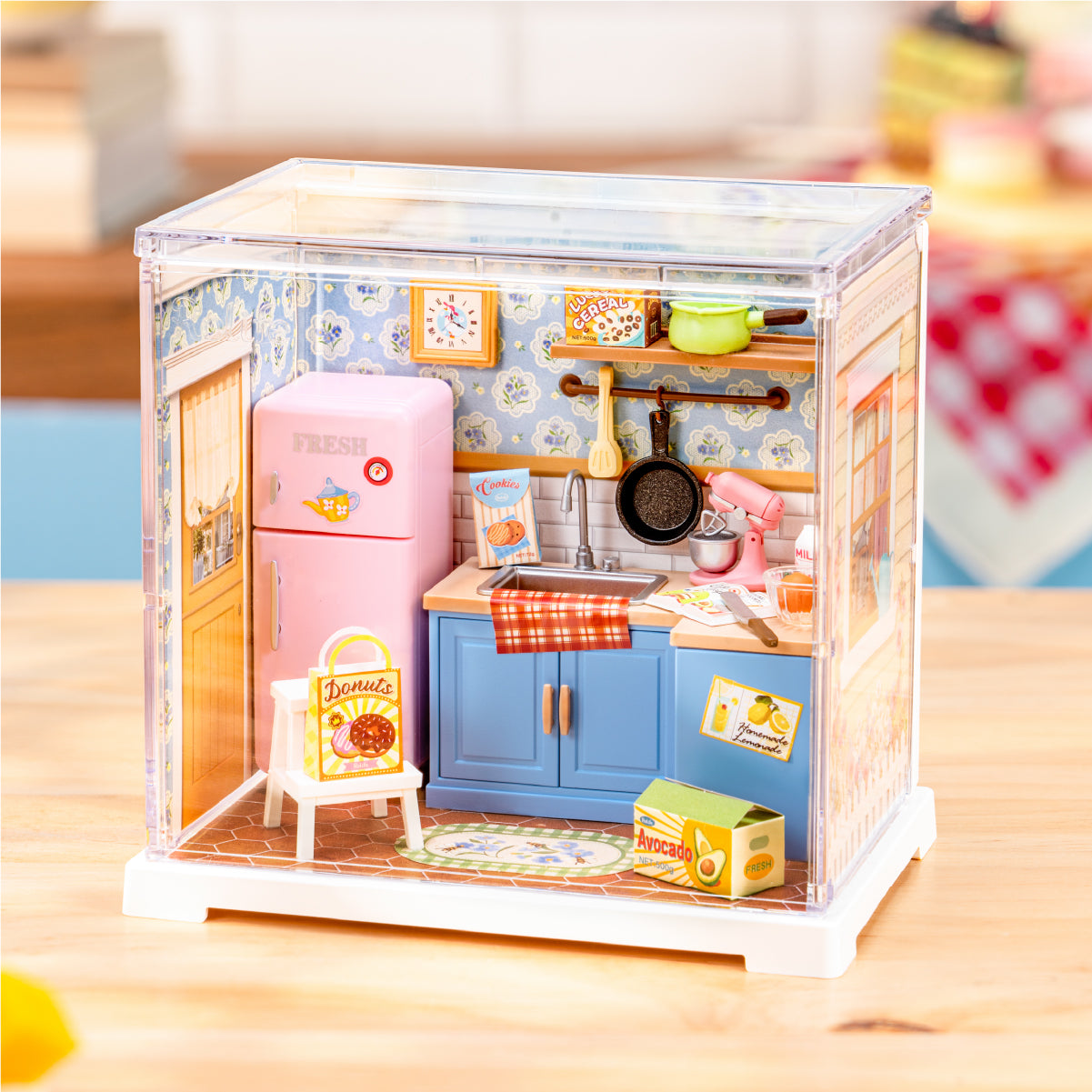 Rolife Homely Baking Kitchen DWS08B miniature room in a home scene with dust cover