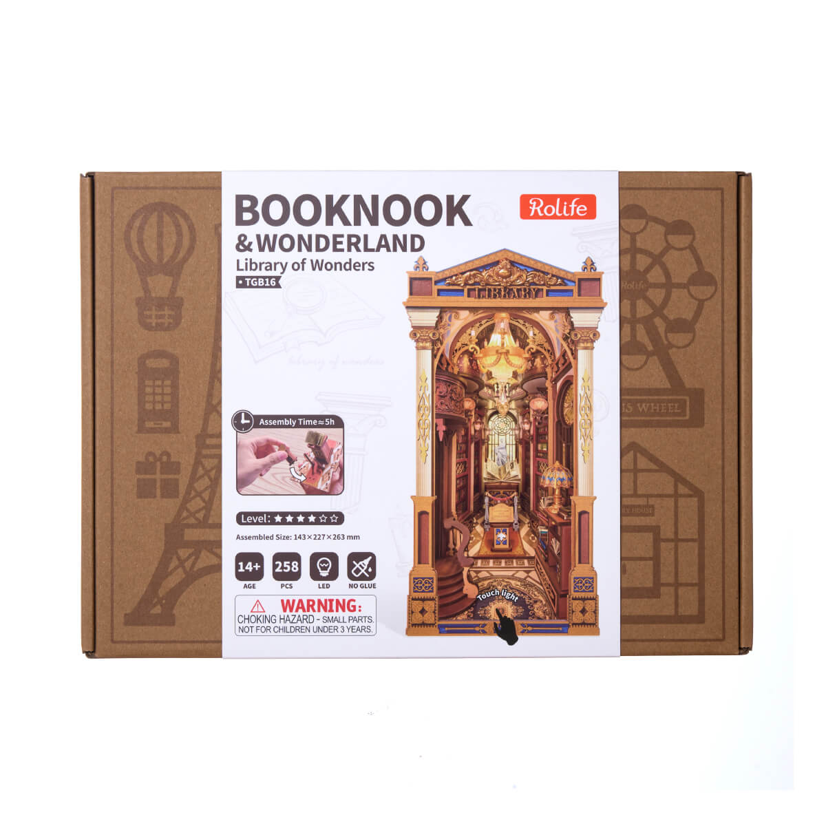 Rolife Library of Wonders TGB16 product package with completed book nook