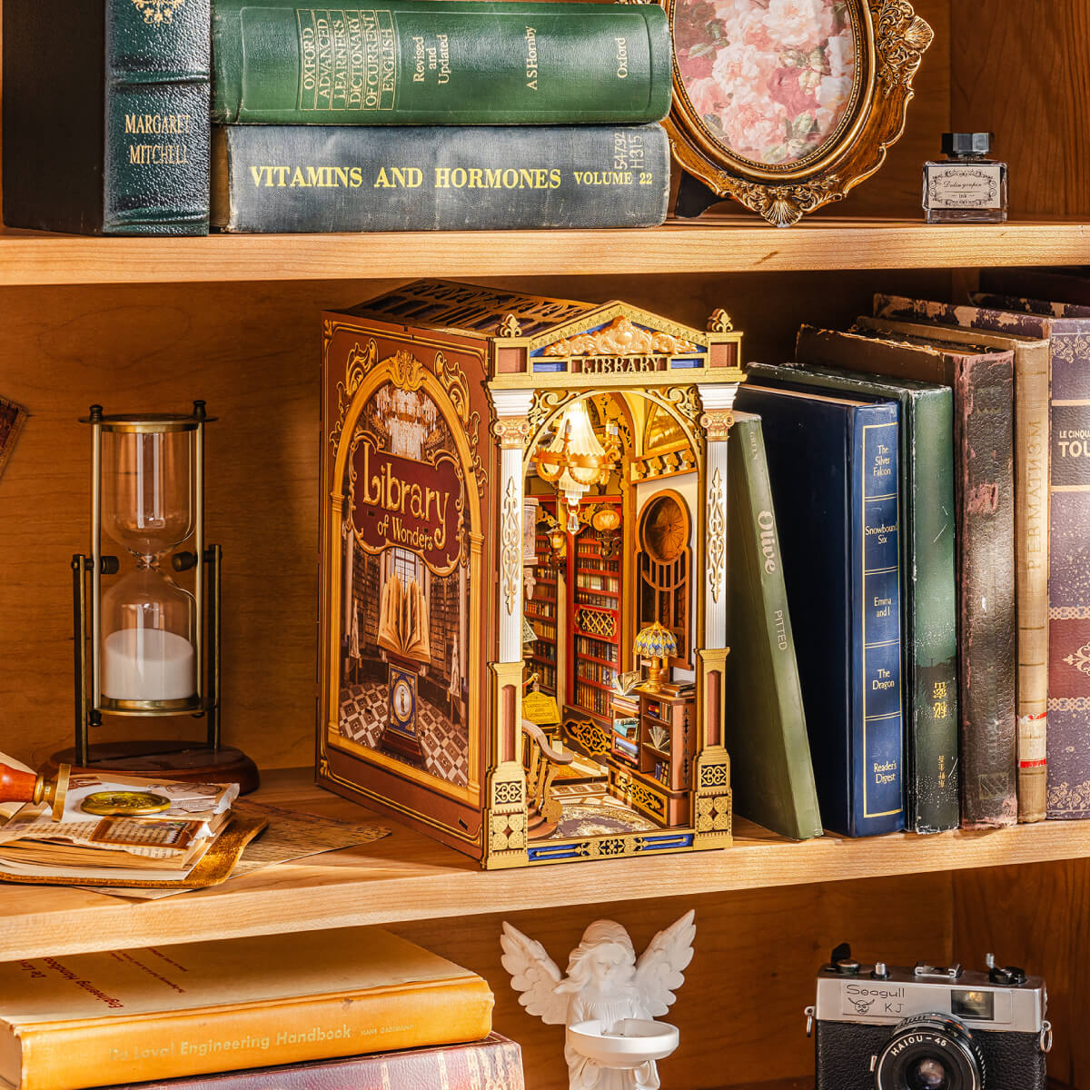 Library of Wonders TGB16 shelf display scene with warm chandelier lighting