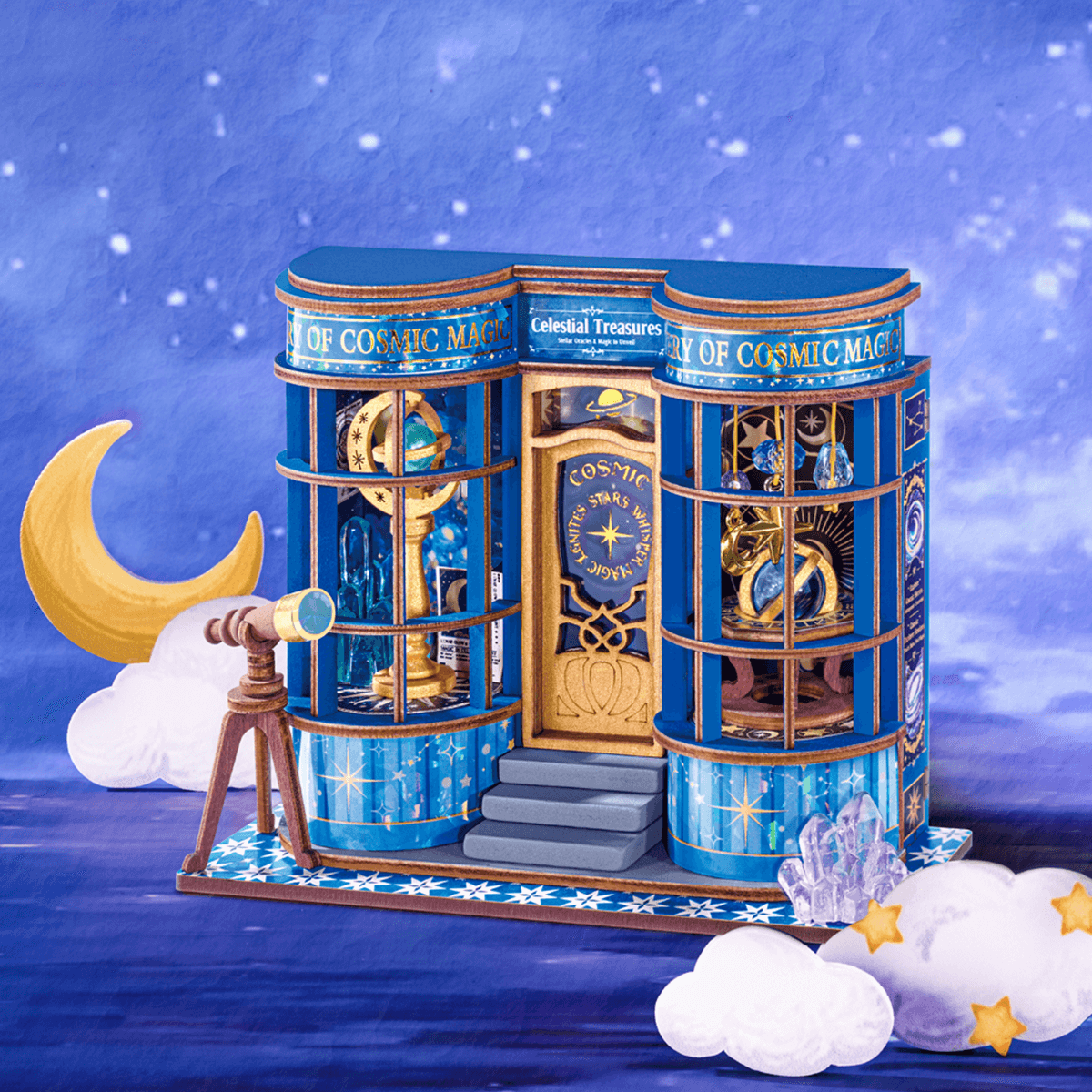 Rolife Magic Astronomy Shop DS048 miniature cosmic shop in a moonlit display scene
