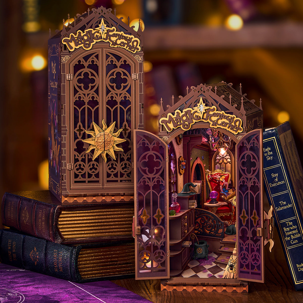 Rolife Magic Fantasy Corner TGB14 book nook in a warm tabletop scene