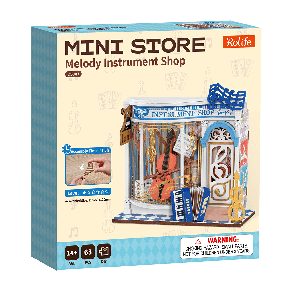 Rolife Melody Instrument Shop DS047 product package with completed miniature music shop