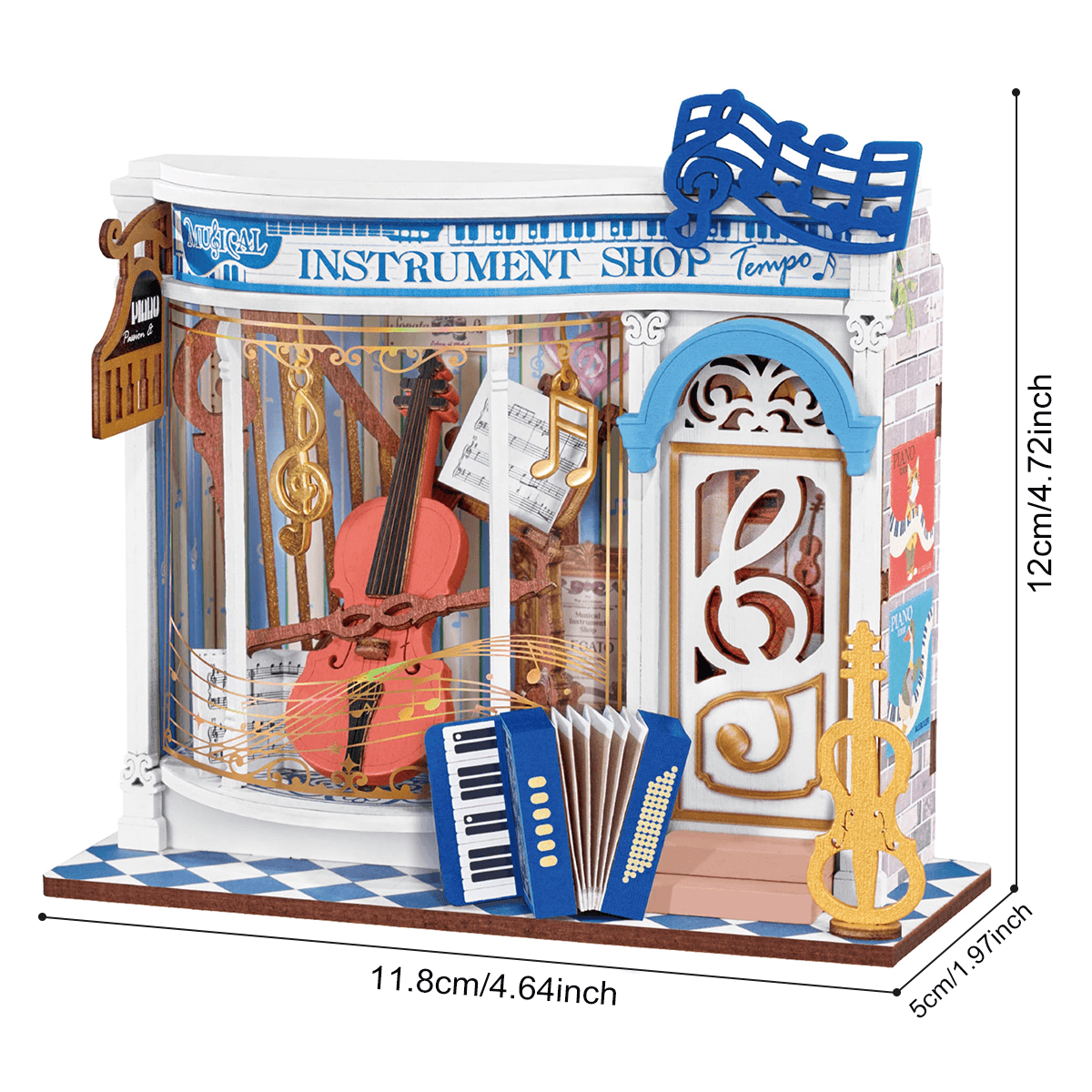 Melody Instrument Shop DS047 size graphic, 11.8 x 5 x 12 cm finished miniature house