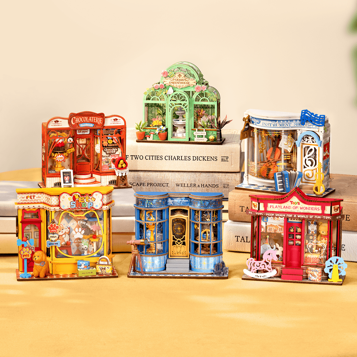 Rolife Mini Stores series collection display with five miniature shop models