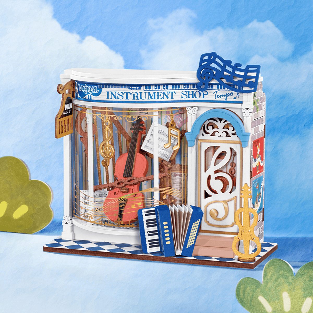 Rolife Melody Instrument Shop DS047 miniature music store in a blue backdrop scene
