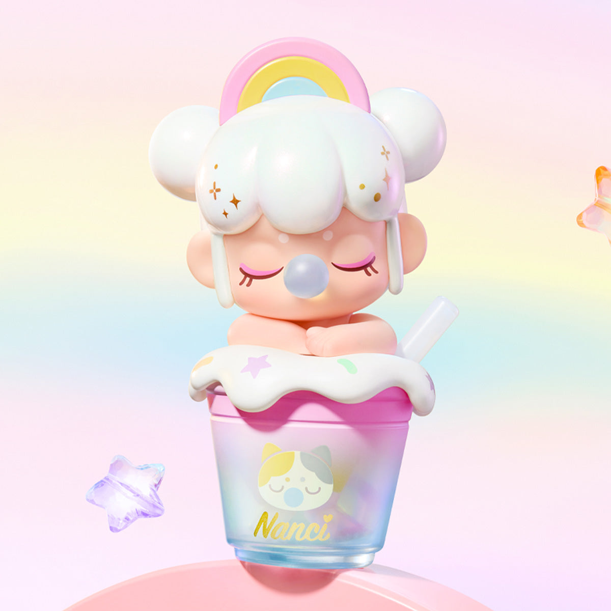 BabyNanci Milk Tea Series Rainbow Candy figure on a pastel gradient background