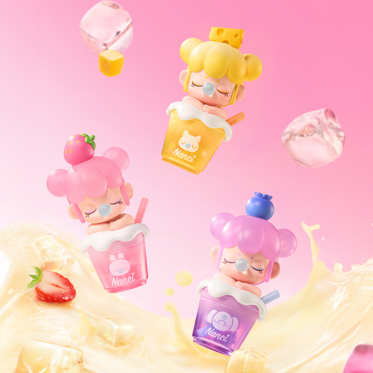 BabyNanci Milk Tea Series collection scene with multiple milk tea cup figures