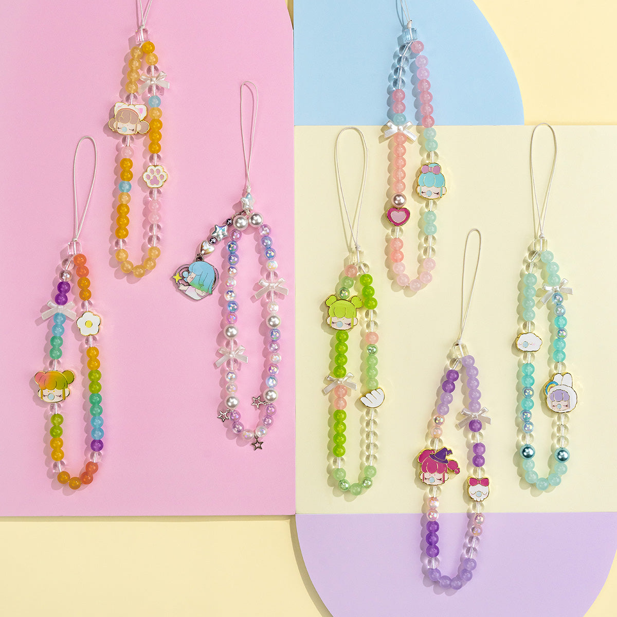 Nanci Sweet Time phone lanyard collection display in a pastel scene
