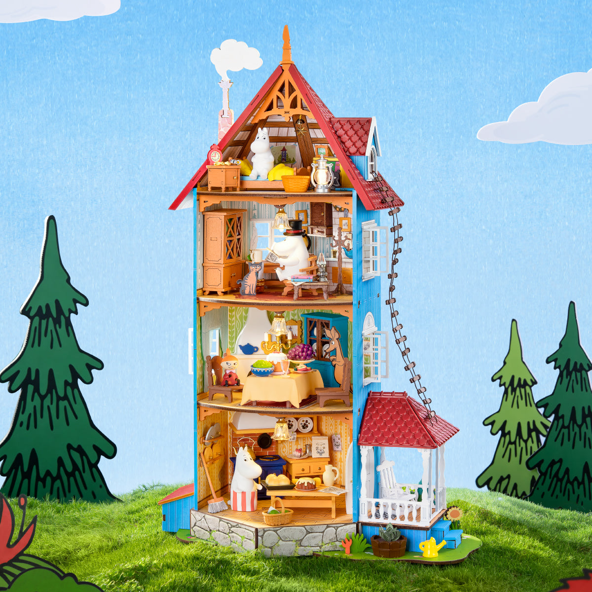 Rolife Moominhouse DIY miniature house open interior with Moomin character rooms