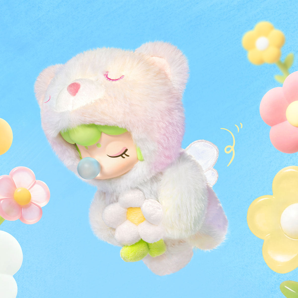 Rolife Nanci Spring Bear MN003 plush pendant floating in a blue floral scene.
