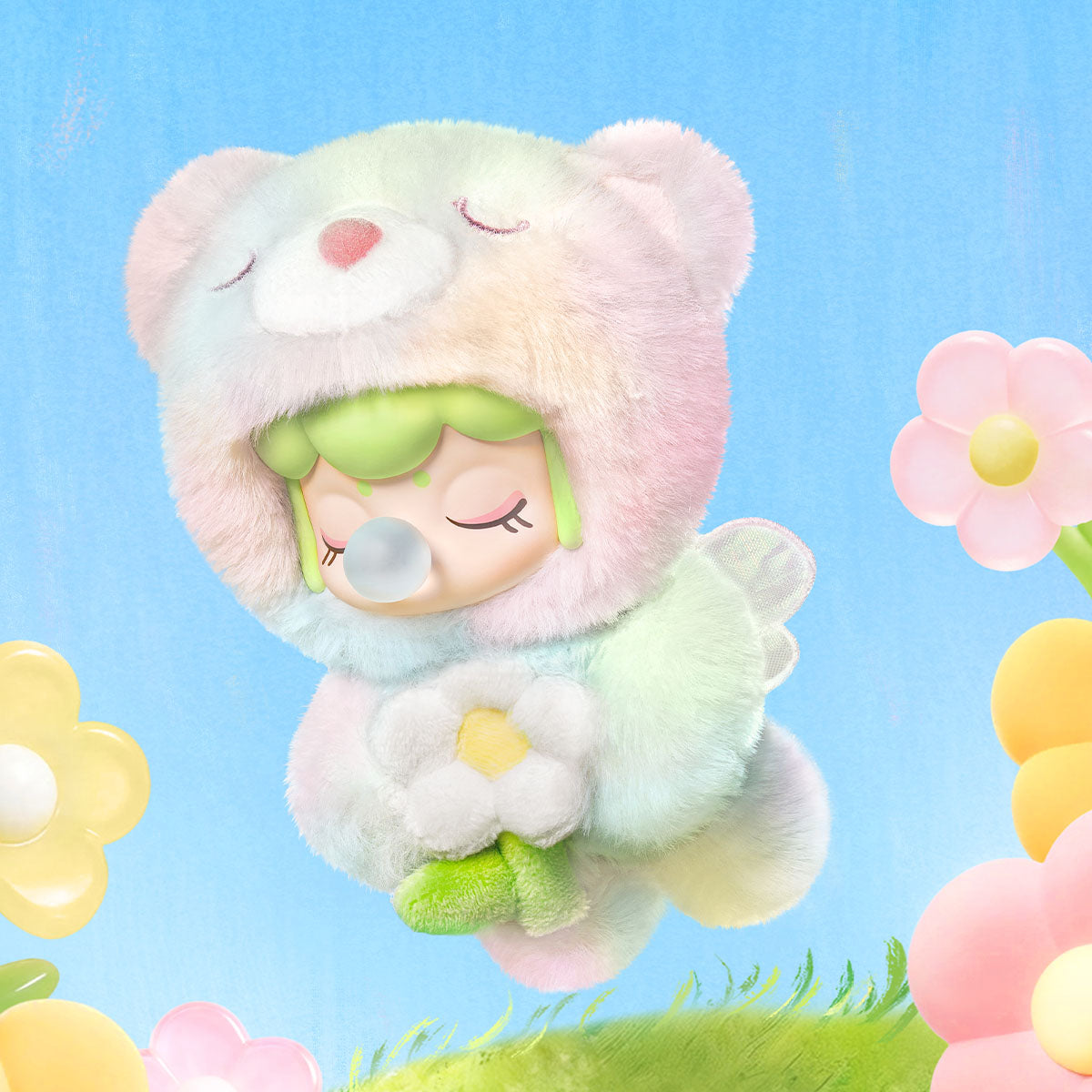 Rolife Nanci Spring Bear MN003 plush pendant with soft wings and pastel flowers.