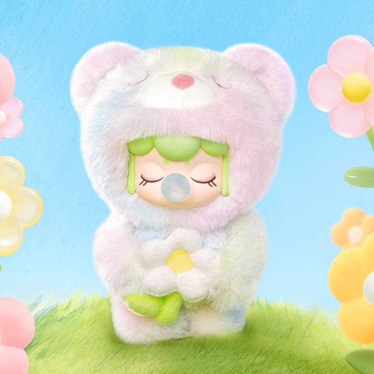 Rolife Nanci Spring Bear MN003 plush pendant standing in a spring flower scene.