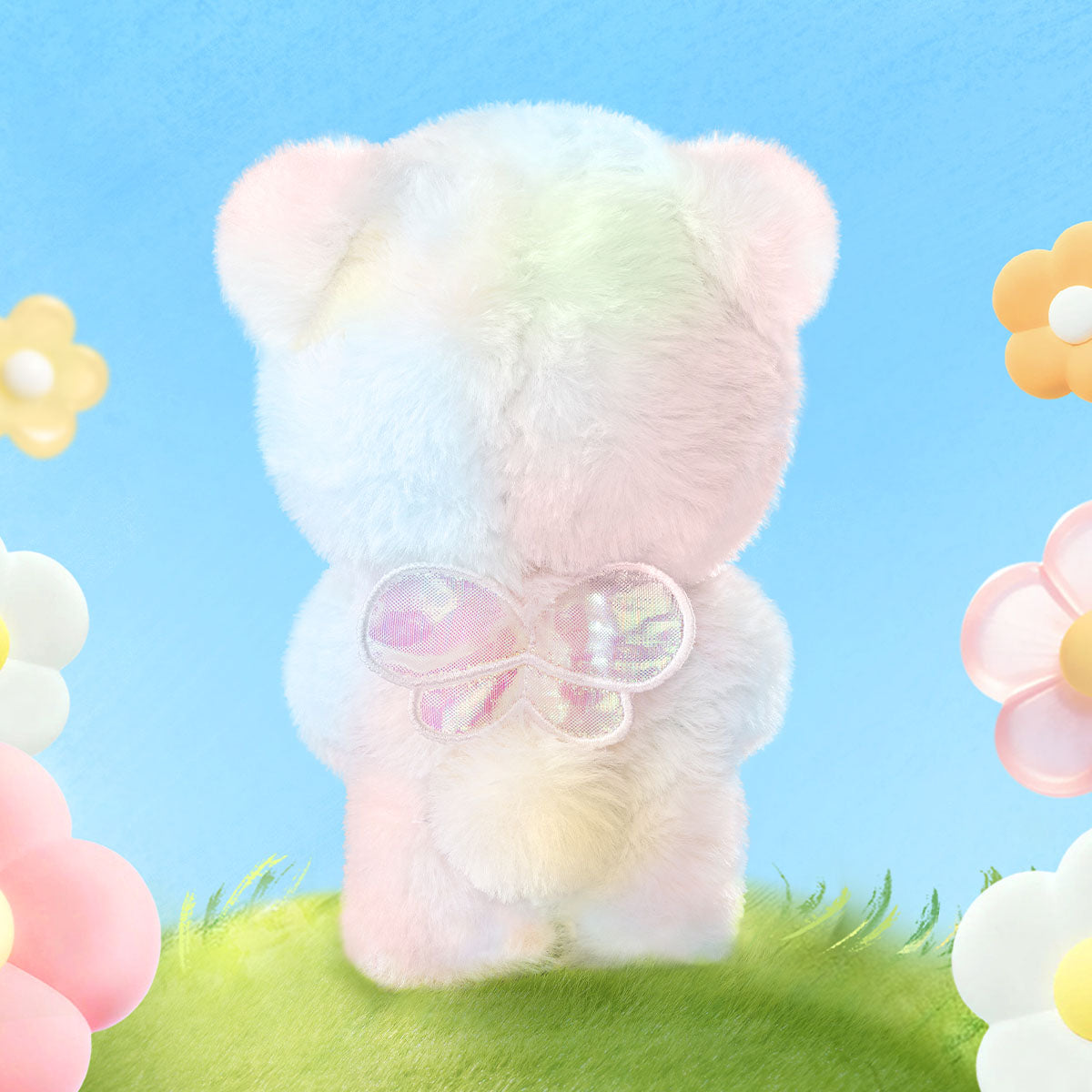 Back view of Rolife Nanci Spring Bear MN003 plush pendant with bow and fluffy texture.