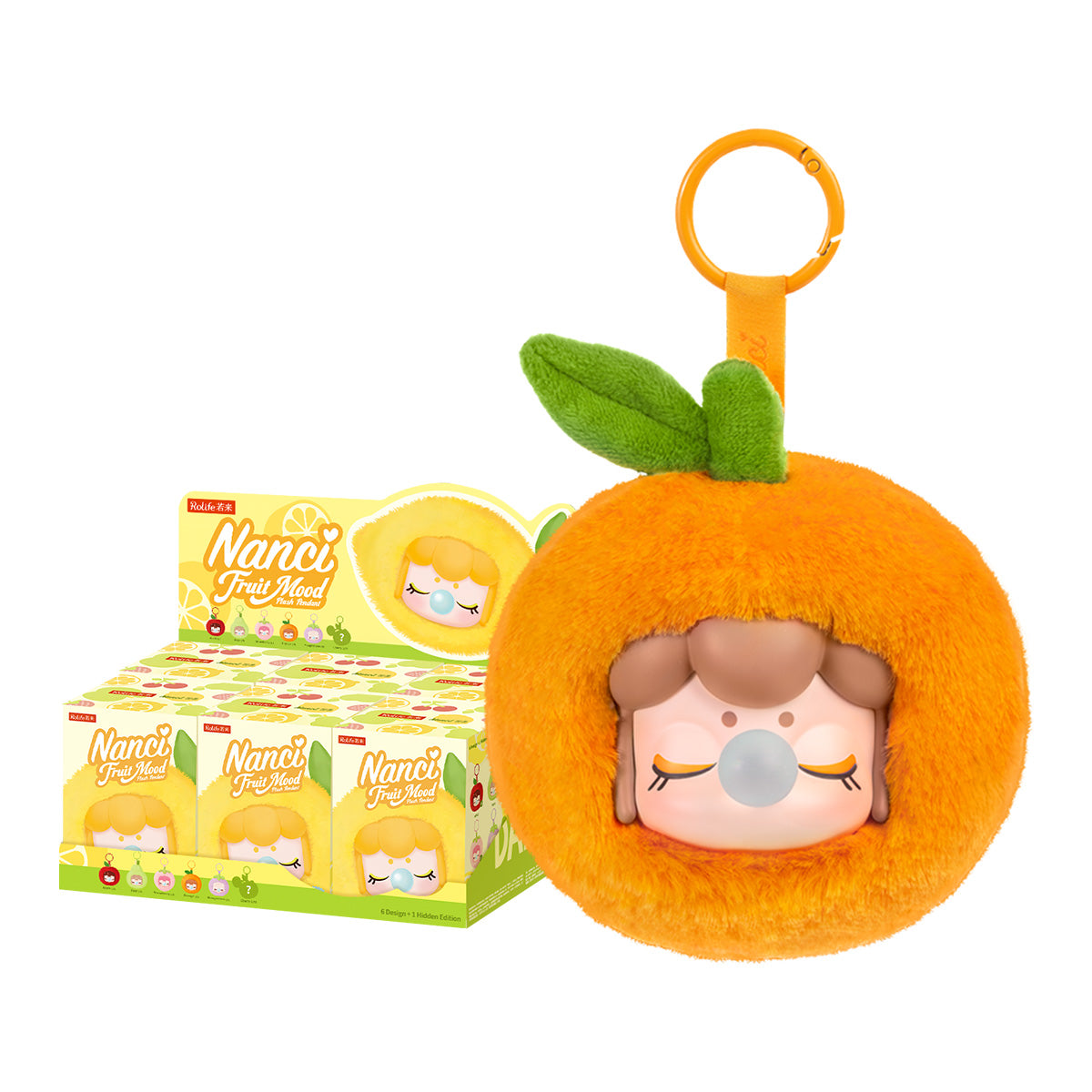 Nanci Fruit Mood featured plush pendant with display case on white background