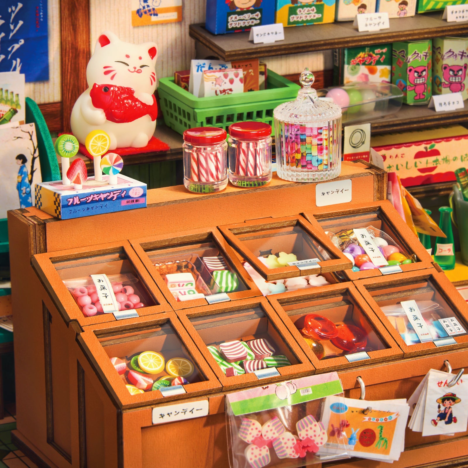 Rolife Nostalgic Corner Shop TGE05 close-up of snacks, shelves, and shop counter details