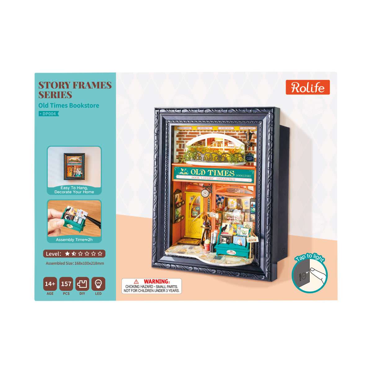 Rolife Old Times Bookstore DP004 product package with completed story frame