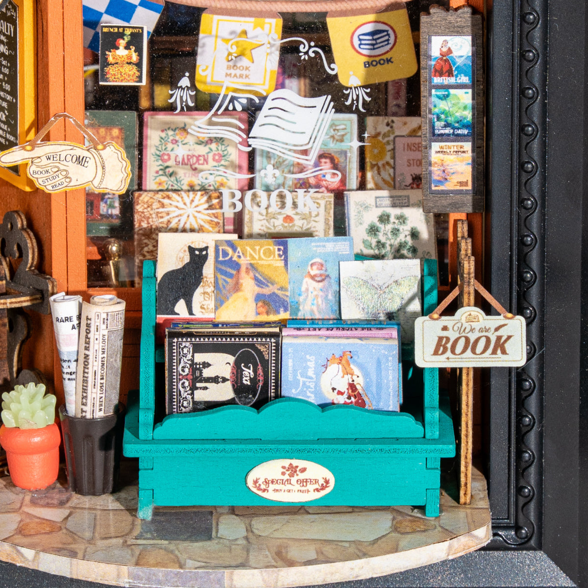 Old Times Bookstore DP004 close-up of the bench, books, and storefront details