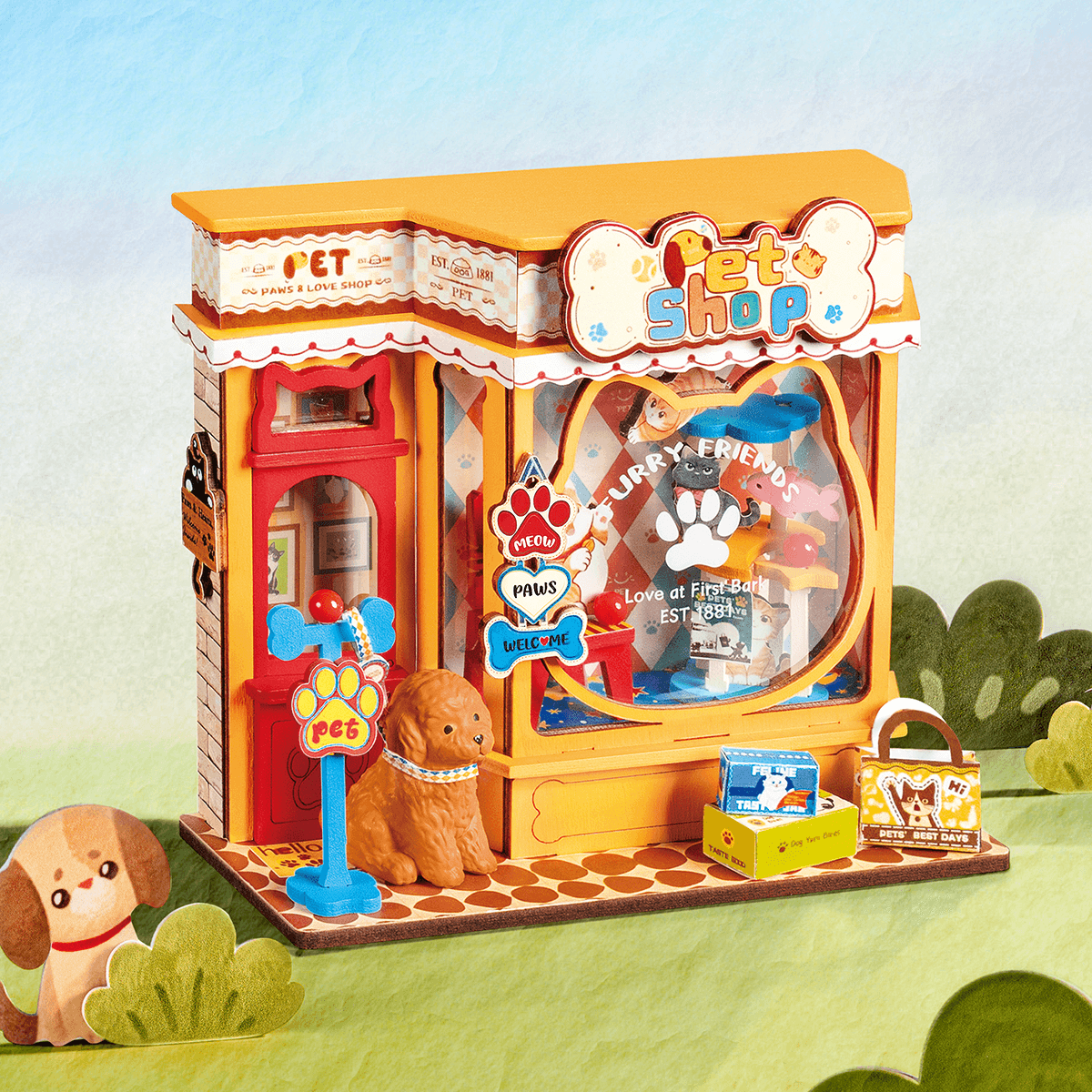 Rolife Pawfect Pet Shop DS045 miniature pet store in a playful outdoor scene