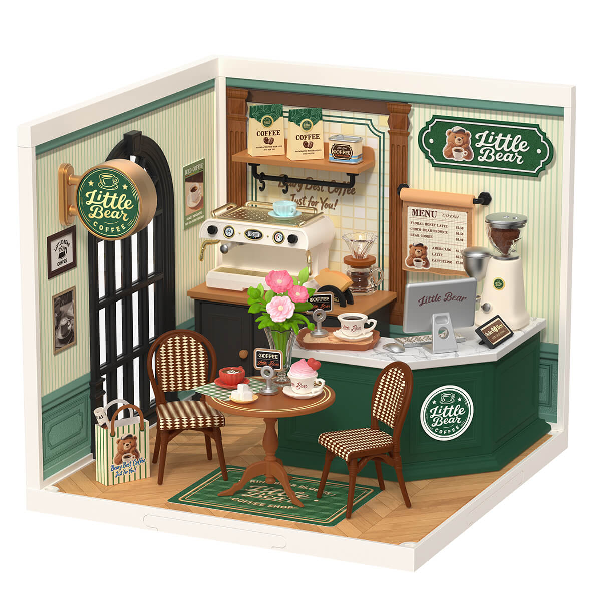 Rolife Perfect Romance Cafe DW028 white background product view with green counter
