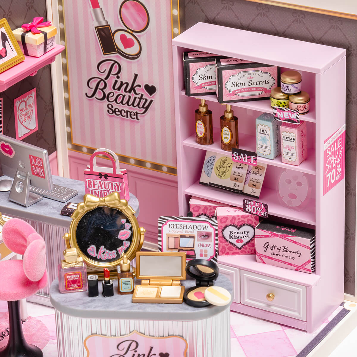 Pink Beauty Secret counter detail with cosmetics, skincare shelves, mirror, and display case