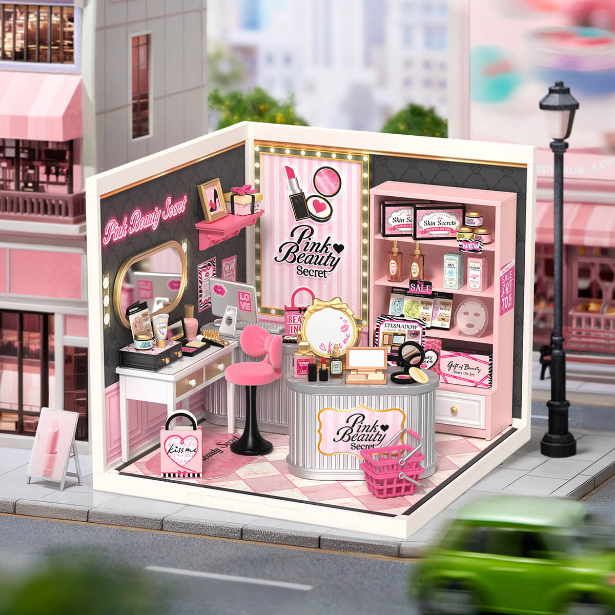 Pink Beauty Secret miniature beauty studio displayed in an outdoor shopping street scene